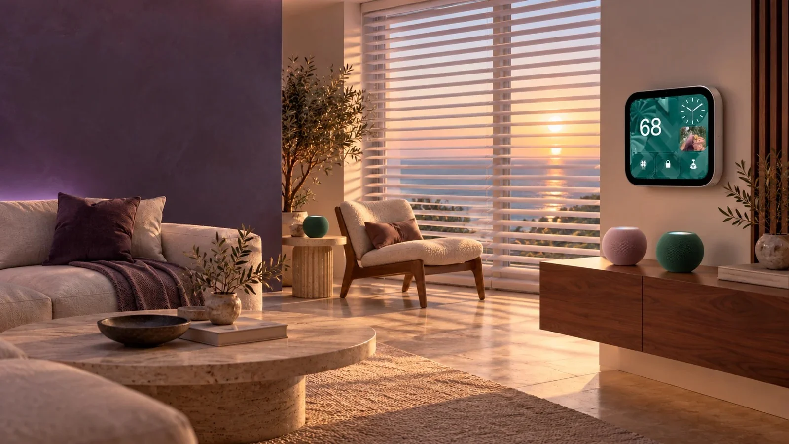 Living room with a wall-mounted HomeView-style display