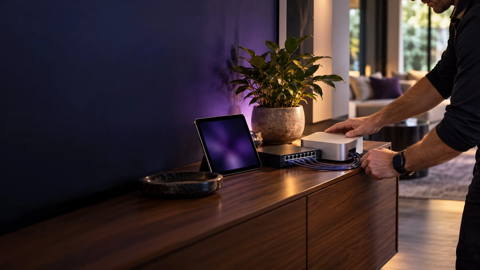 An installer setting up home devices with a homeowner