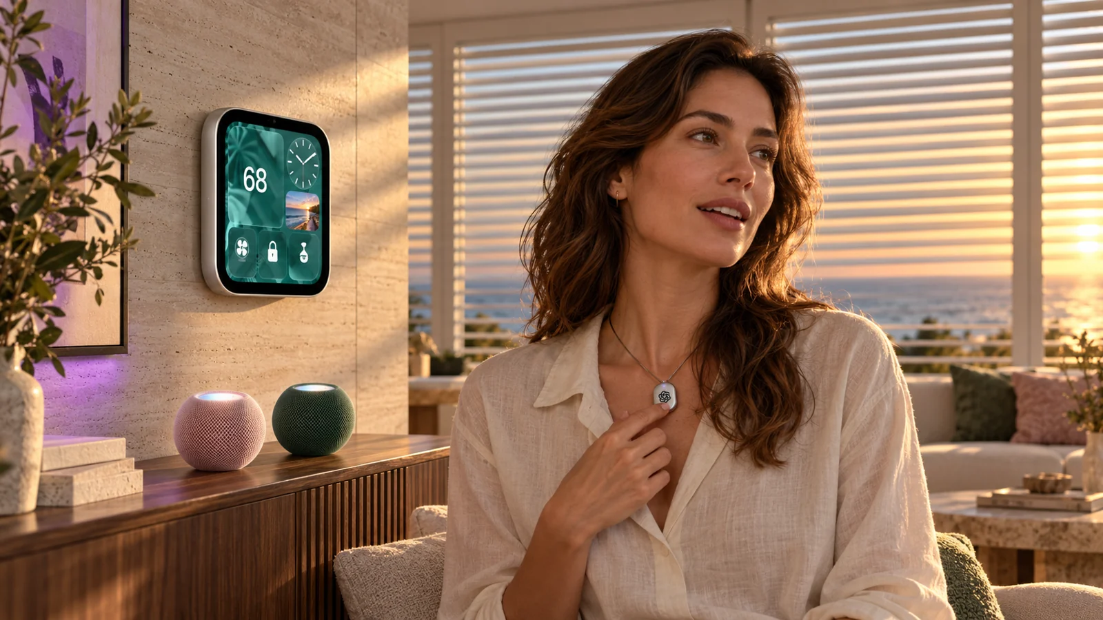 Woman wearing a hypothetical ChatGPT pendant in a concept living room
