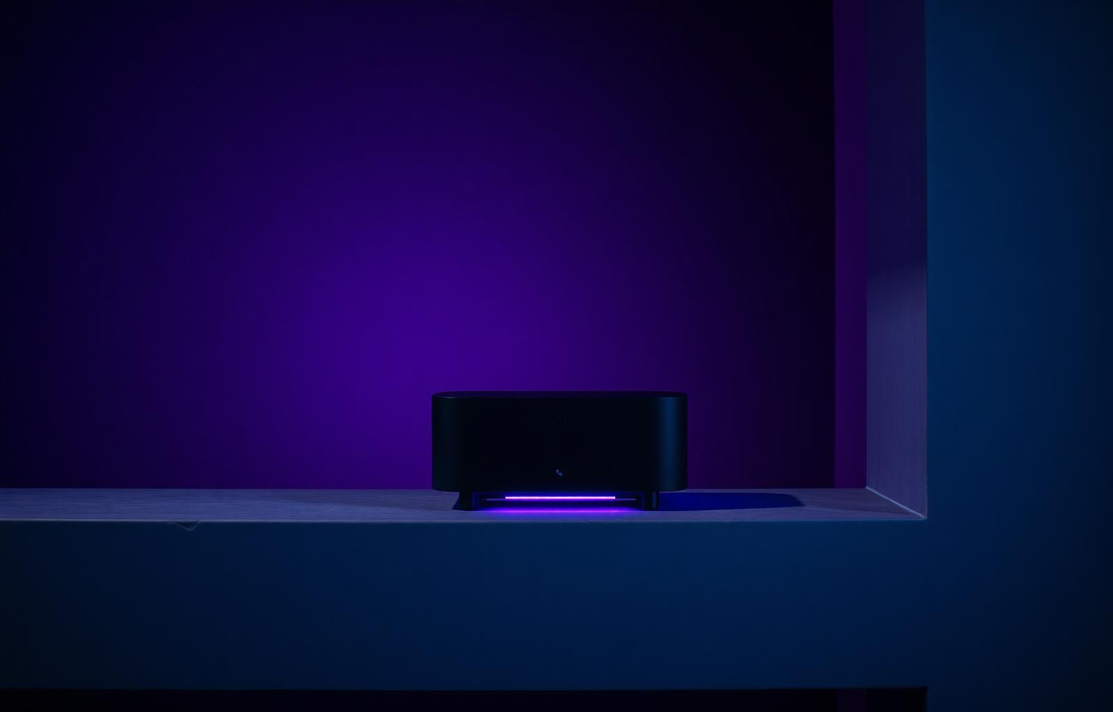 Cauchy Hub — a Mac mini at the center of a glowing isometric diagram of household rooms, sensors and devices